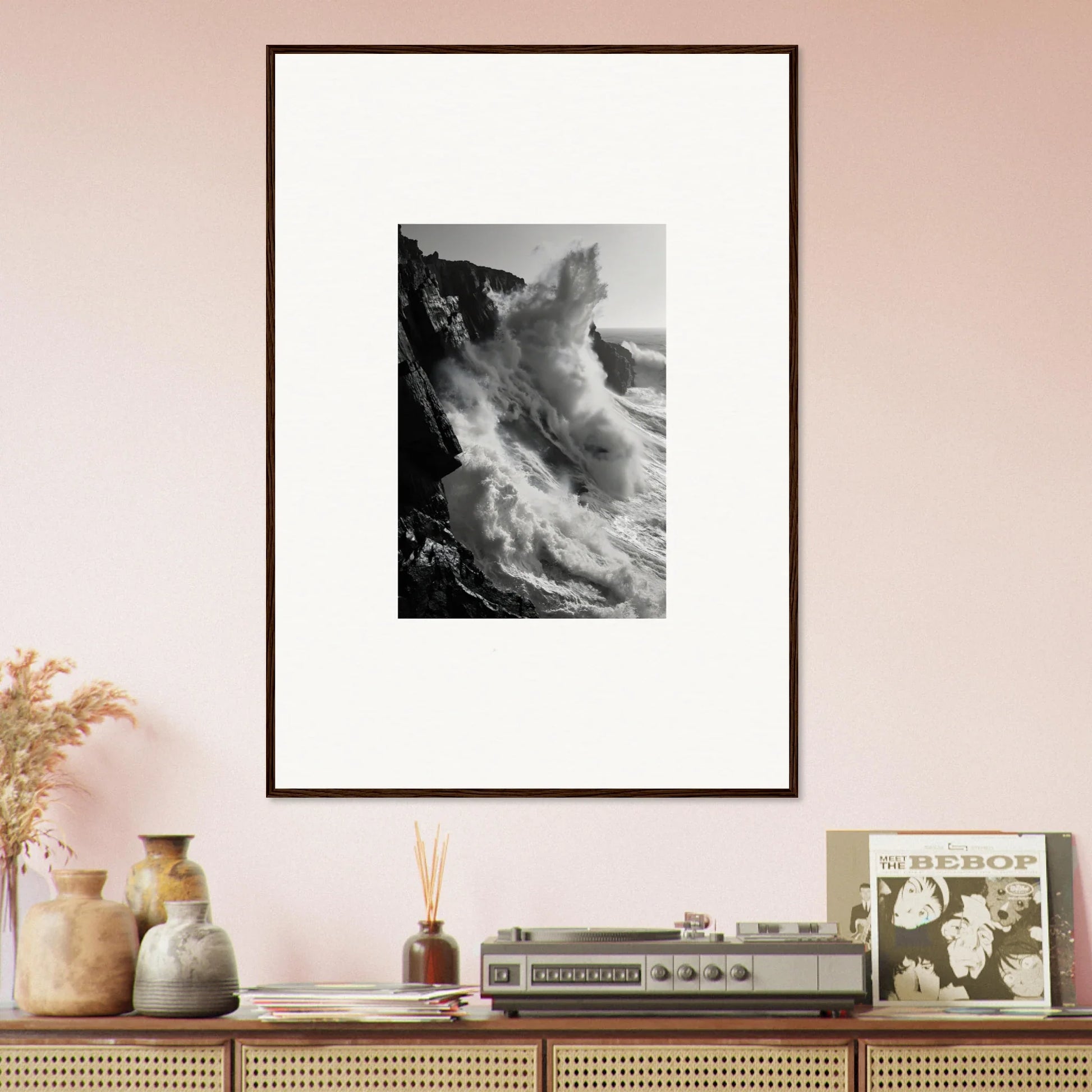 Framed black and white photo of crashing waves in Tempest Winks Reverie special edition art™