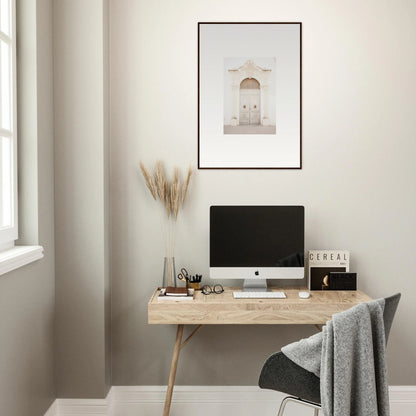 Minimalist wooden desk with iMac and simple decor in Faded Elegance Whispers setting