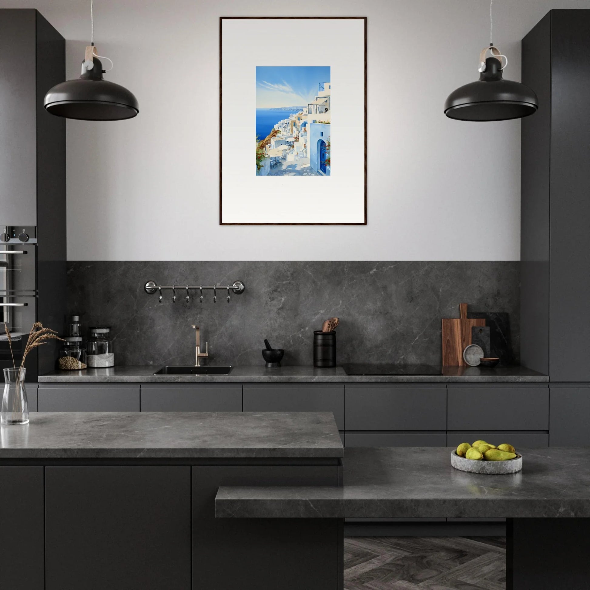 Modern dark gray kitchen with industrial lights and Mediterranean Serenity Remastered art