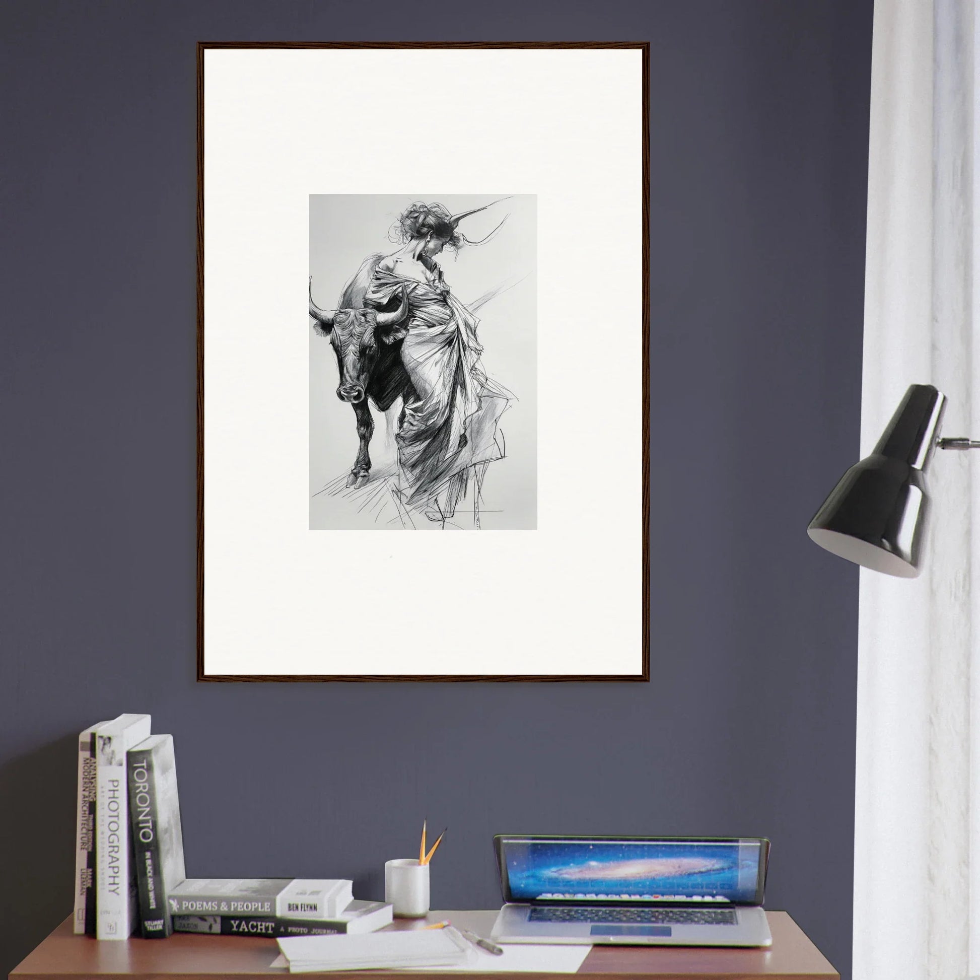 Framed black and white sketch of a figure with horse from Minotaur’s Melodic Siesta