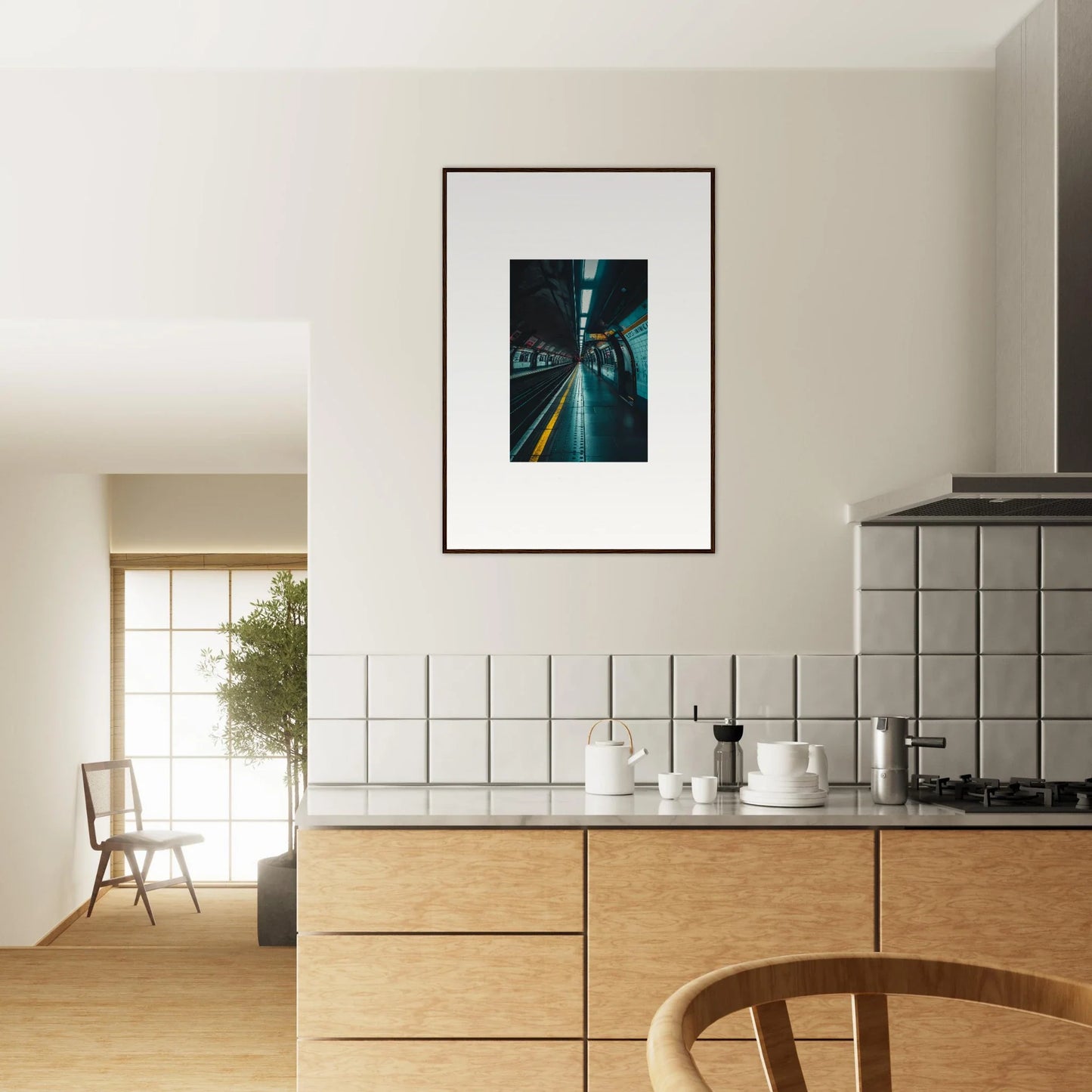 Framed photograph of a subway tunnel with turquoise lighting from Portal Echo Anatomy