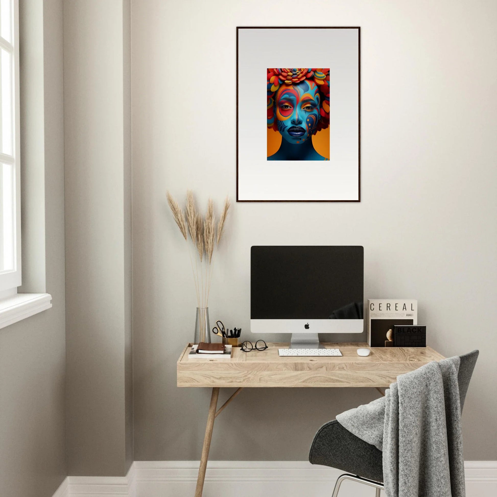 Colorful abstract portrait wall art in a stylish frame, perfect for room decoration