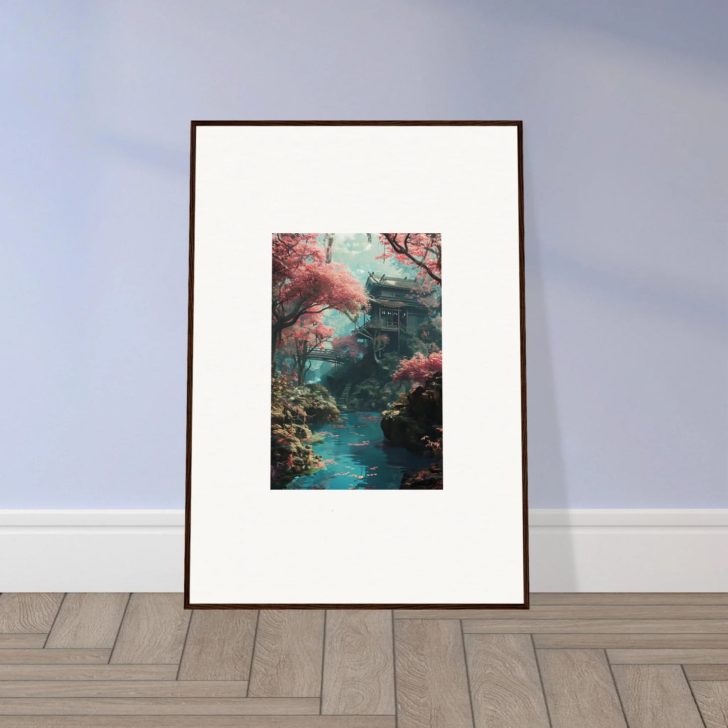 Framed wall art of a Japanese pagoda with cherry blossoms in Magenta Spirals Oscillate