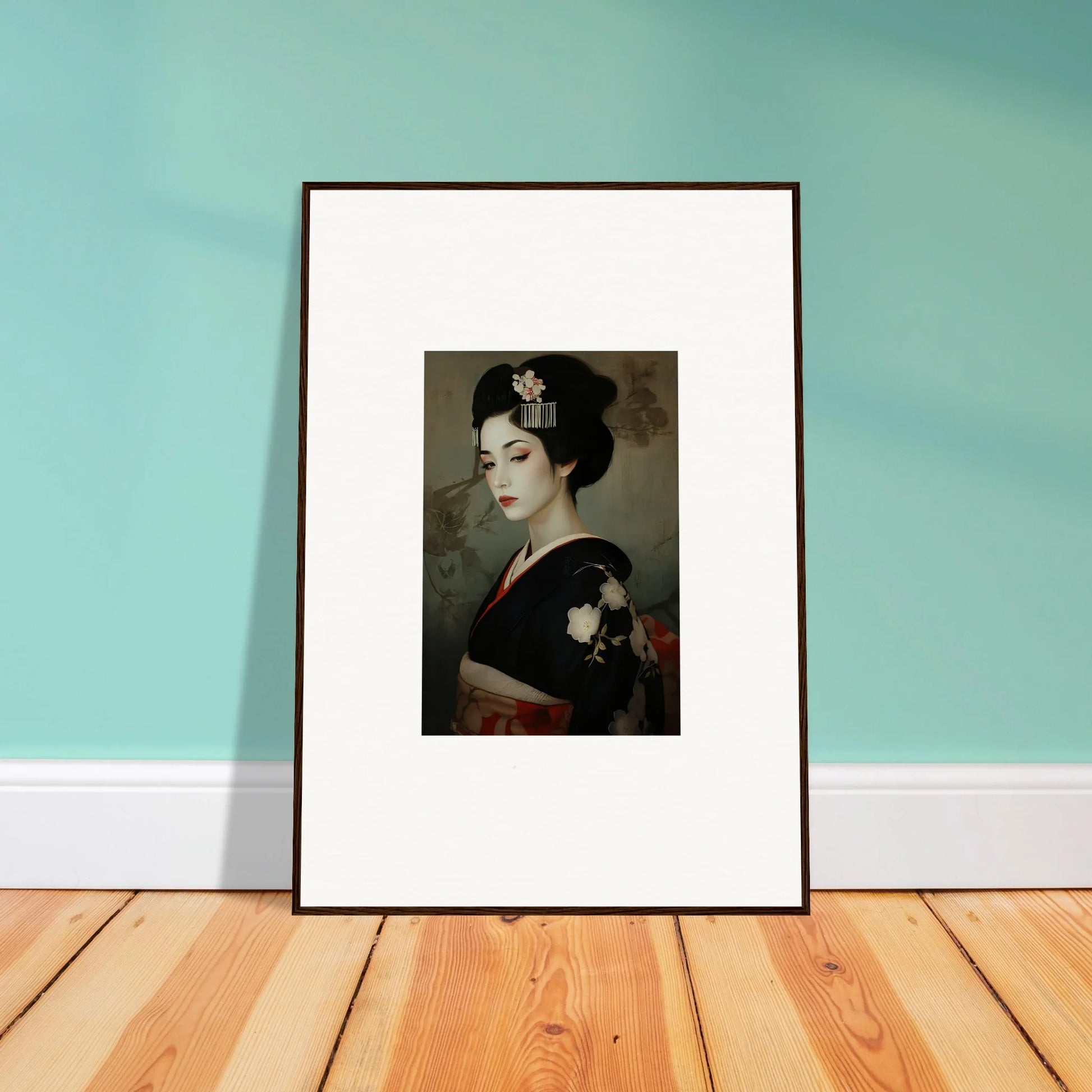 Framed black and white photograph of a geisha for Cherry Dream Surrealism art