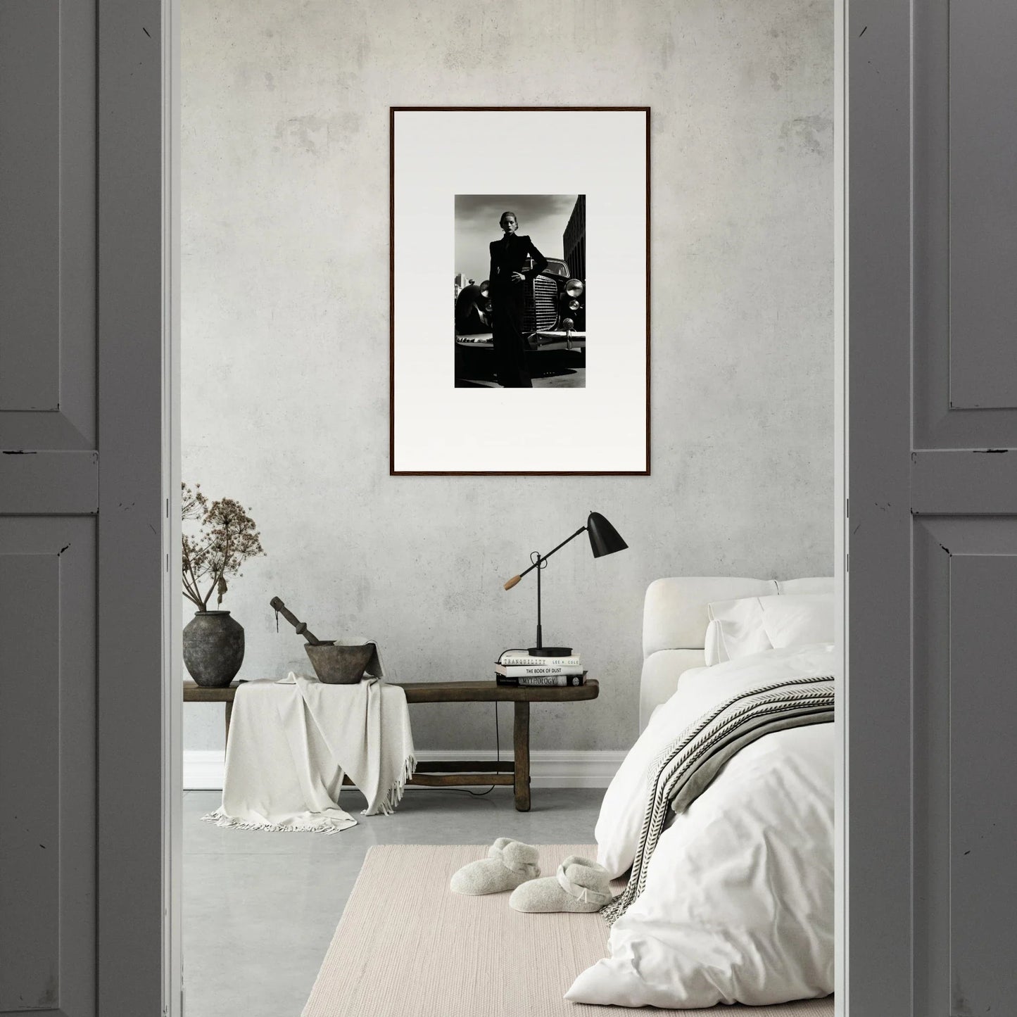 Stylish monochromatic bedroom showcasing Noiray Vogue Explosion art piece