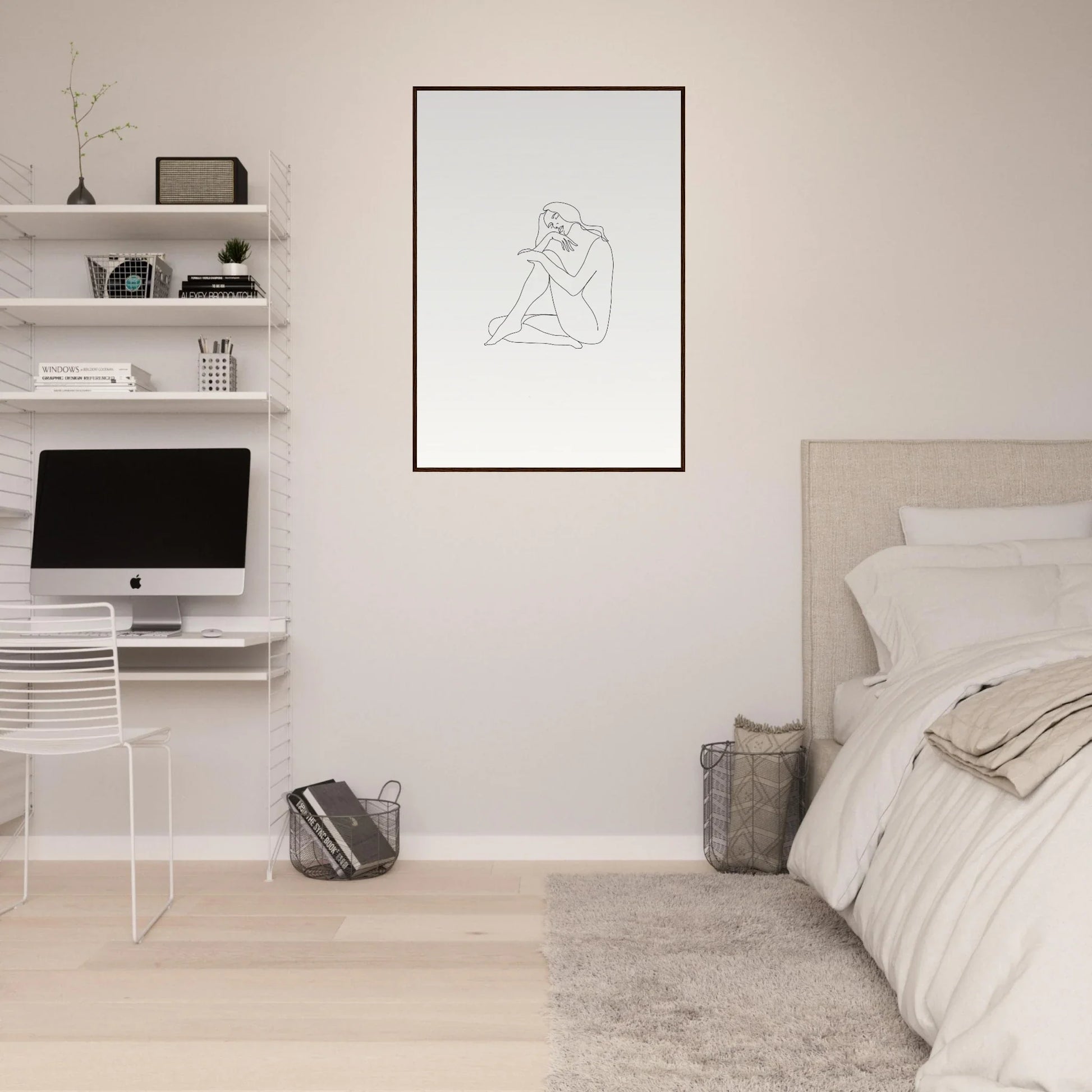 Minimalist bedroom with Mindful Dream Tangles framed wall art on white walls