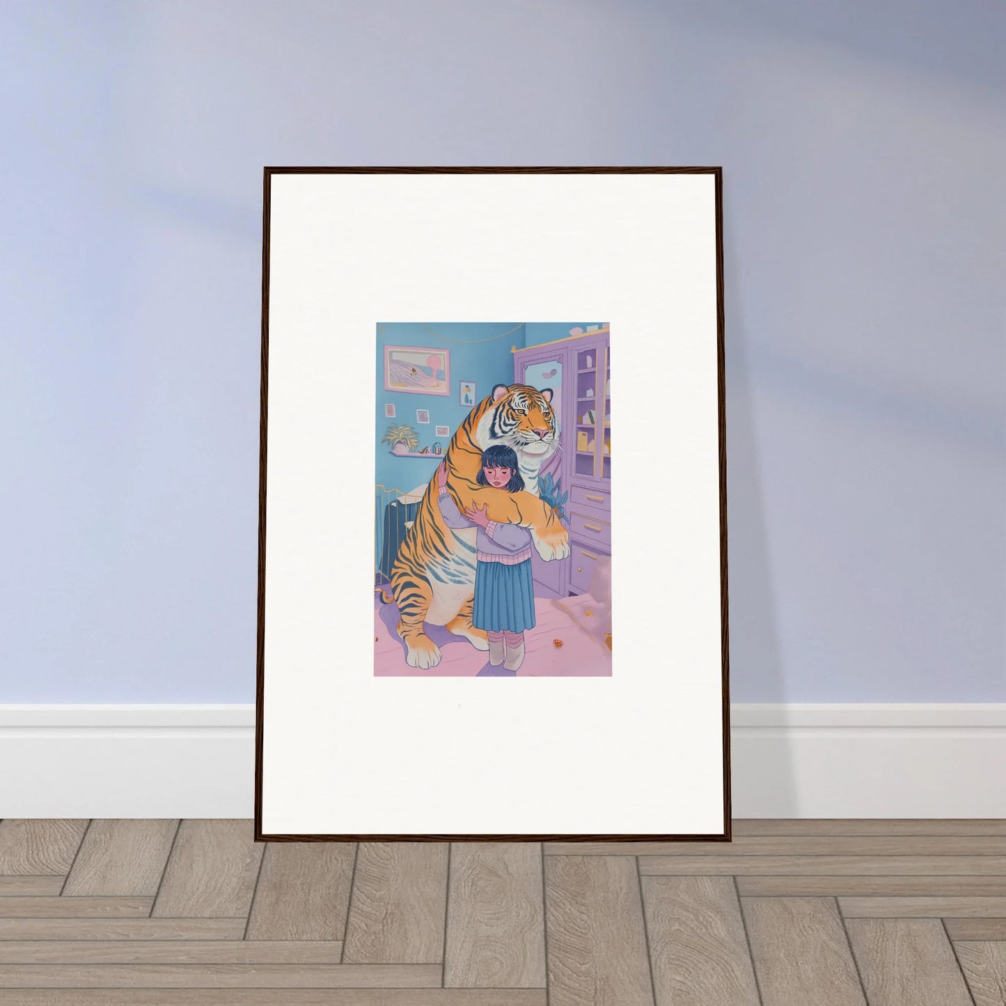 Whimsical canvas print of a person hugging a tiger for fun room decoration wall art