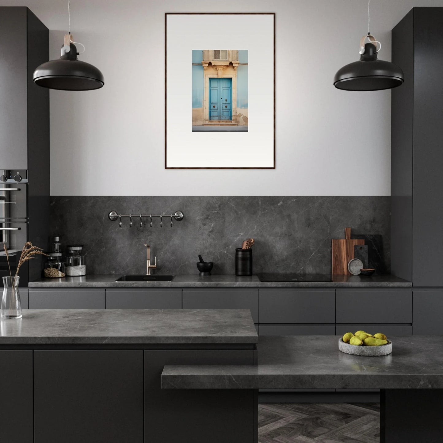 Modern dark gray kitchen featuring Ephemeral Dreamscape Doorway art and industrial lights