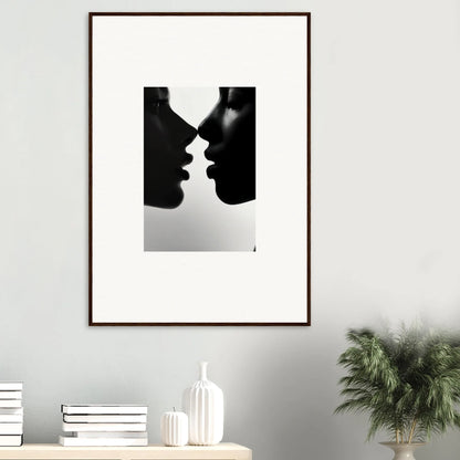 Two silhouetted profiles about to kiss in the Narcissus Mirror Haze framed wall art