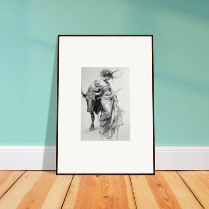 Framed black and white sketch of a figure dancing flamenco with a bull for premium wall art