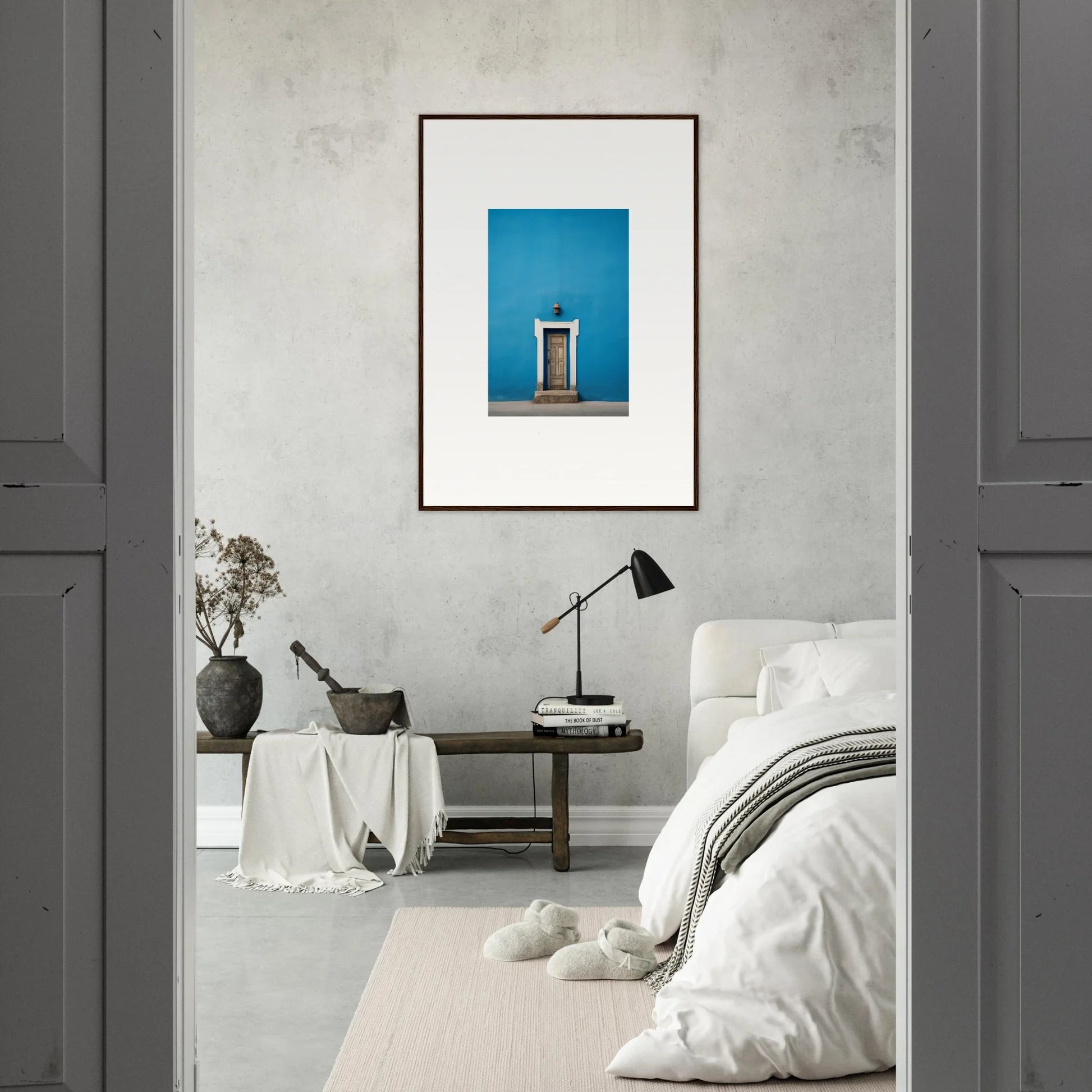 Framed photo of a blue wall with a door on gray, part of the Eternal Cerulean Cloister