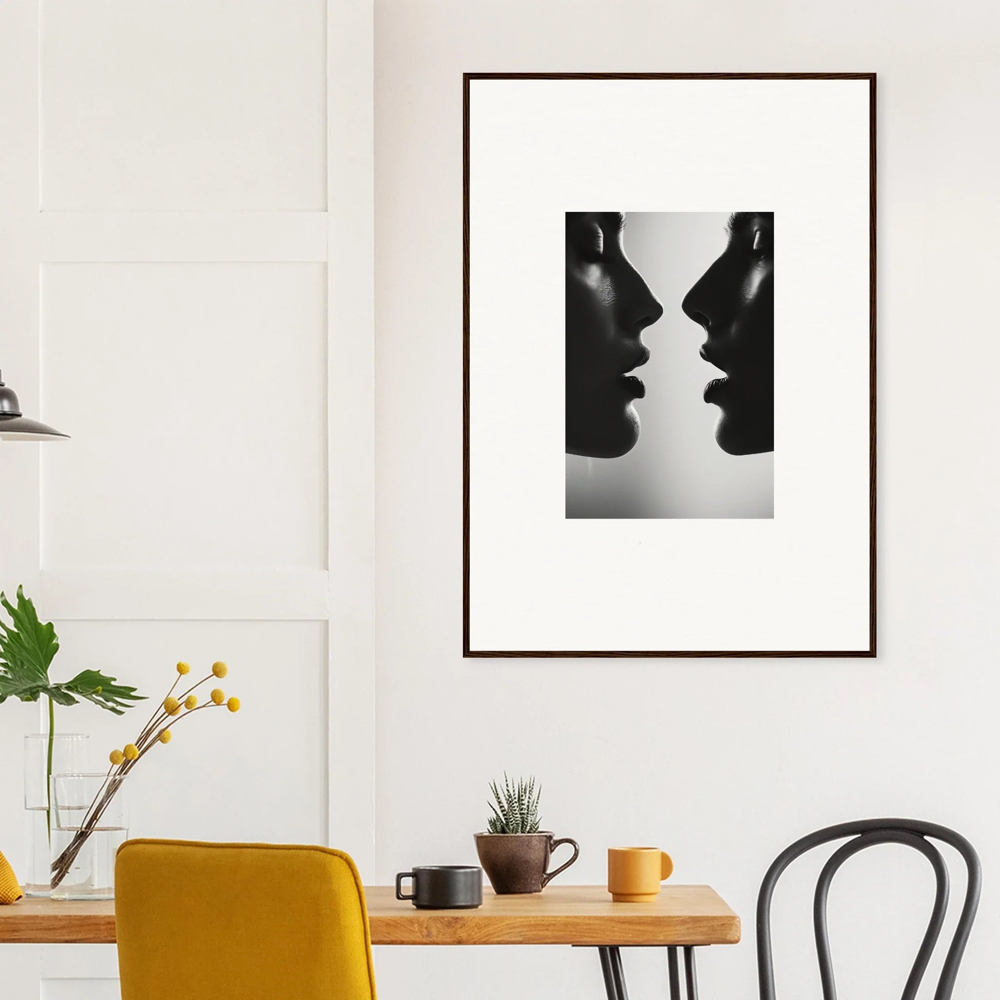 Black and white art print of silhouetted profiles in Echo’s Embrace, premium framed wall decor