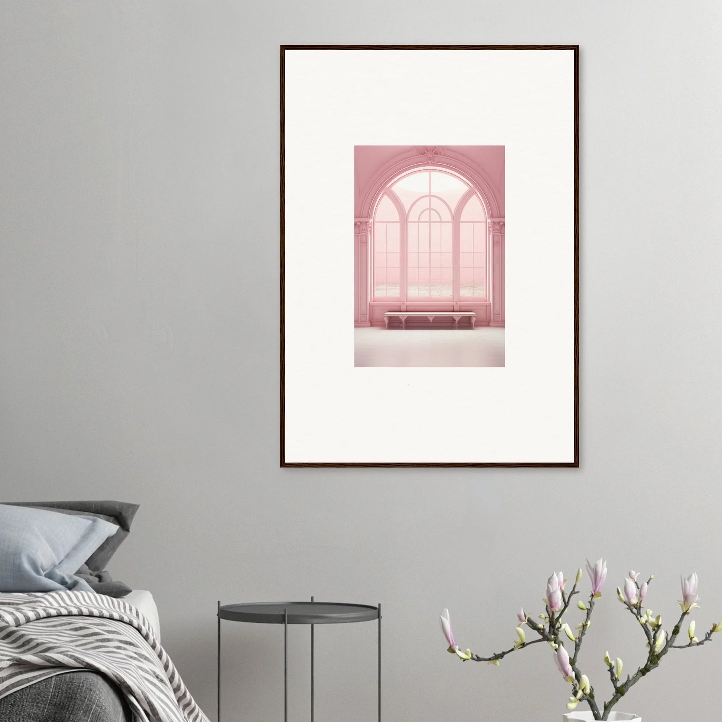 Framed wall art of Solitude’s Rosy Asana with a pink arched window alcove and bench