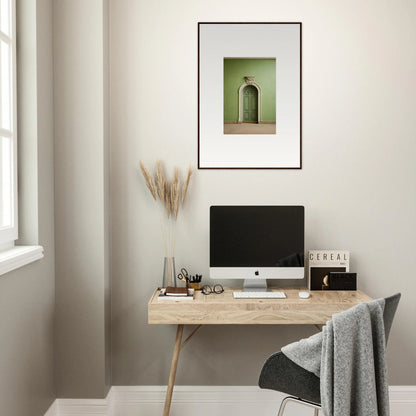 Minimalist wooden desk with iMac and Verdant Illusion Sphere special edition art