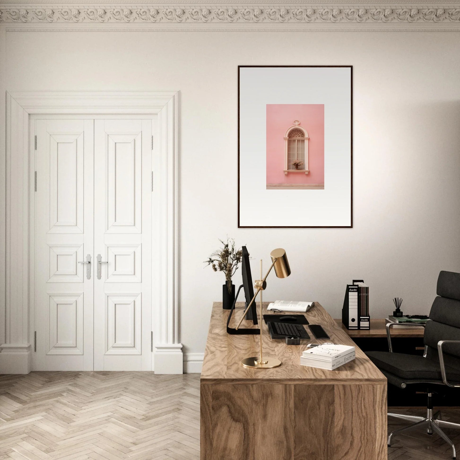 Wooden desk with a vintage typewriter and office goodies in Pinky Flora Portal design