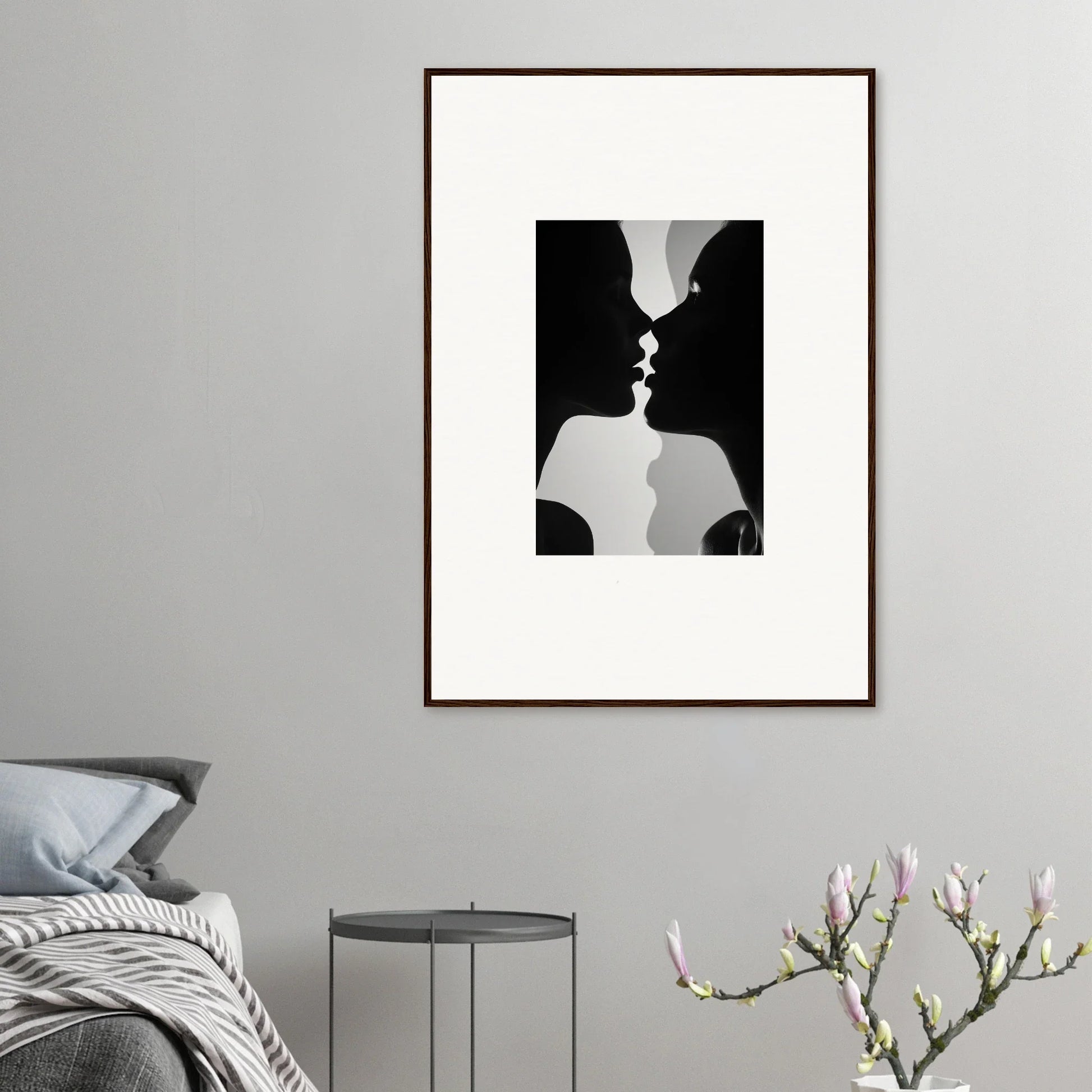 Silhouette art of two profiles about to kiss from Nouveau Love Symphony framed wall art