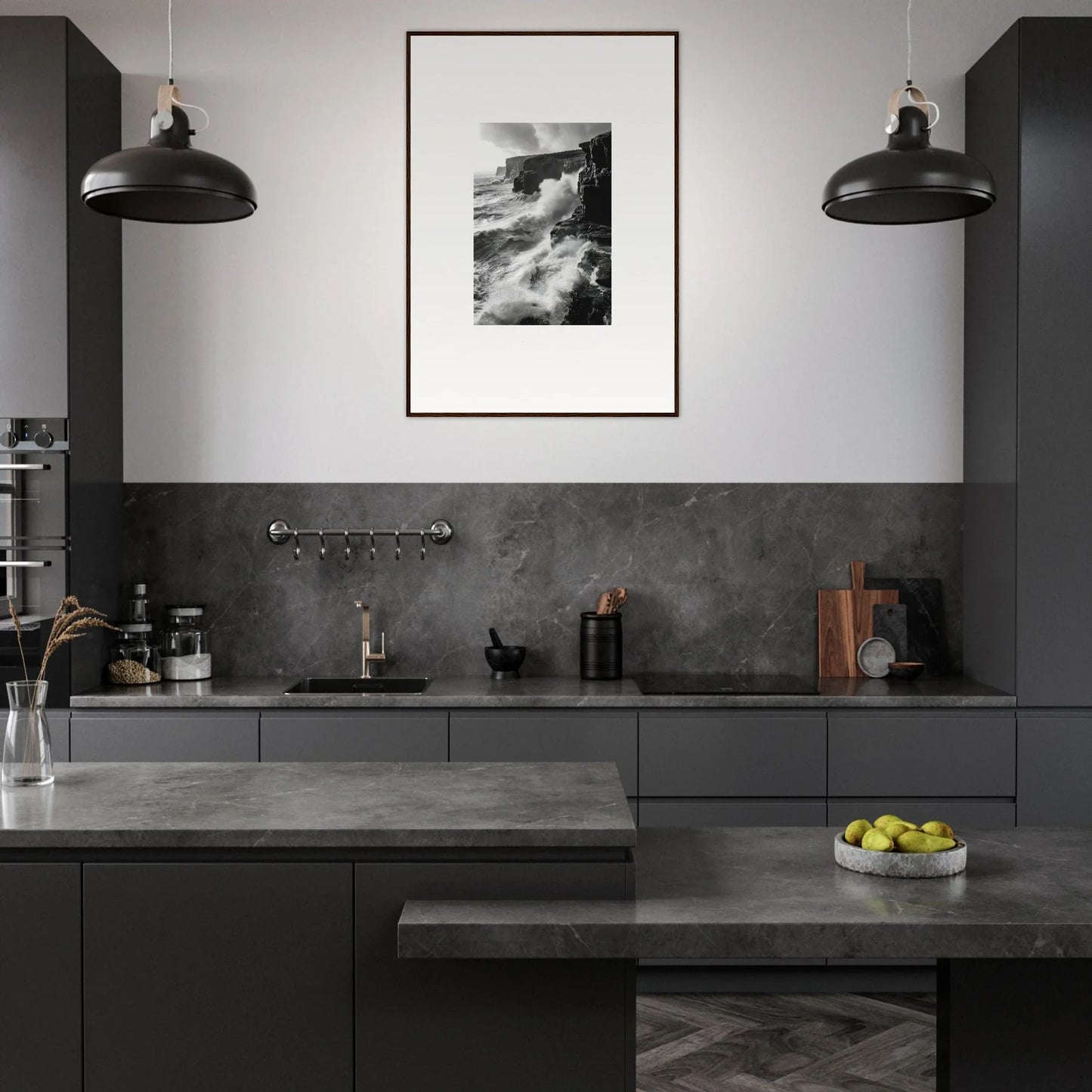 Modern dark gray kitchen with industrial lights and Tempestuous Rock Ballet art