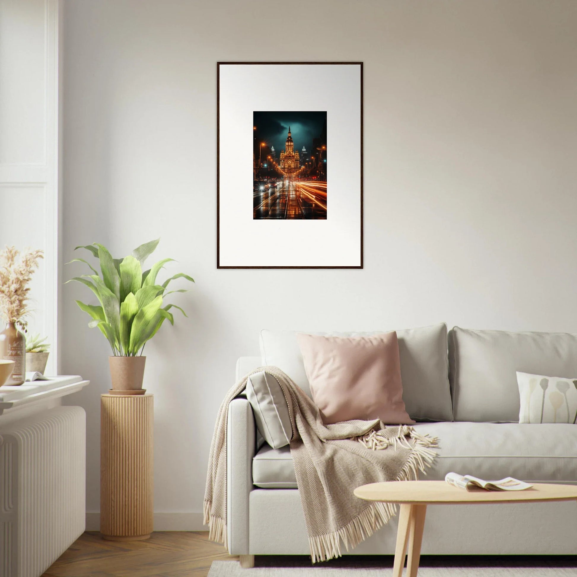 Radiant Urban Reverie framed wall art showcasing a vibrant cityscape at night