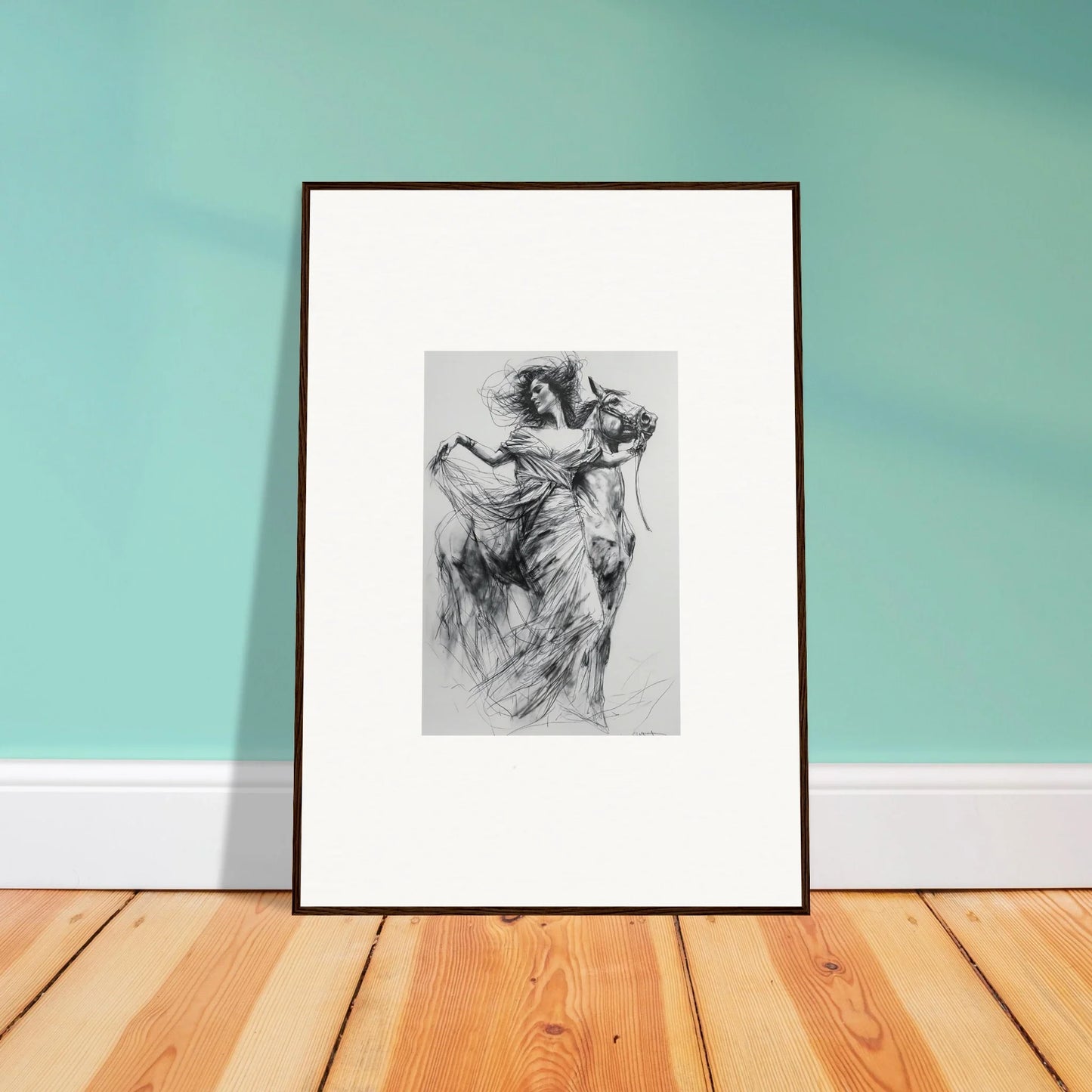 Framed black and white sketch of Equestrian Ether Euphoria art leaning on wall