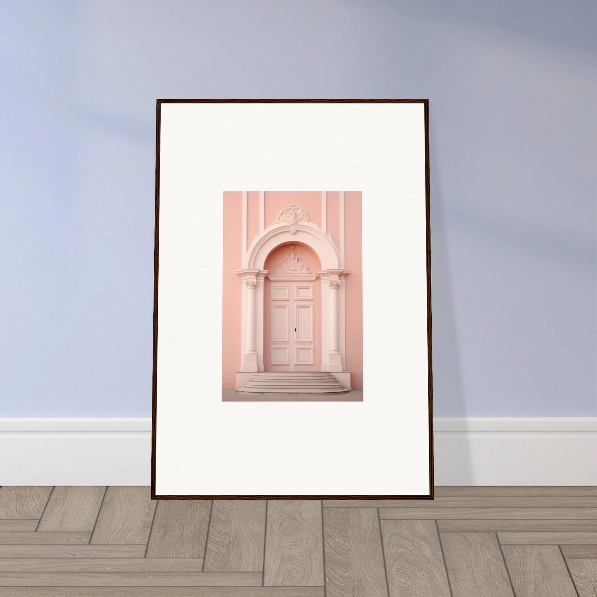 Pink architectural doorway with columns in Petal Whispers Portal premium framed art