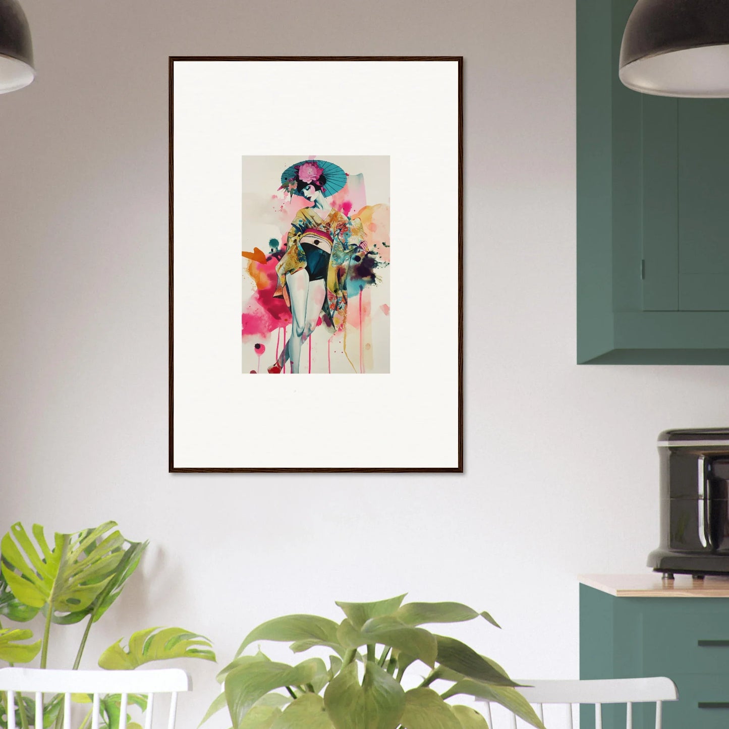 Framed abstract portrait art, vibrant splashes for stylish room decoration in Resonant Chroma