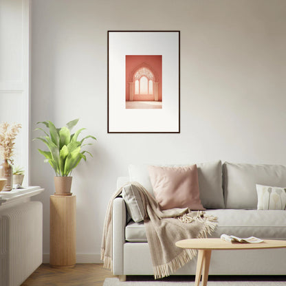 Framed wall art of Versaille Sunset Reimagined with warm coral arched window tones