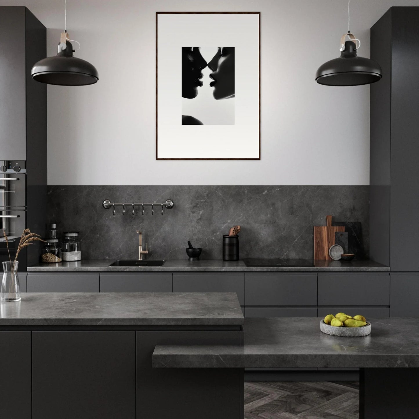 Modern monochromatic kitchen featuring Ephemeral Echoes Touch with dark cabinetry and concrete