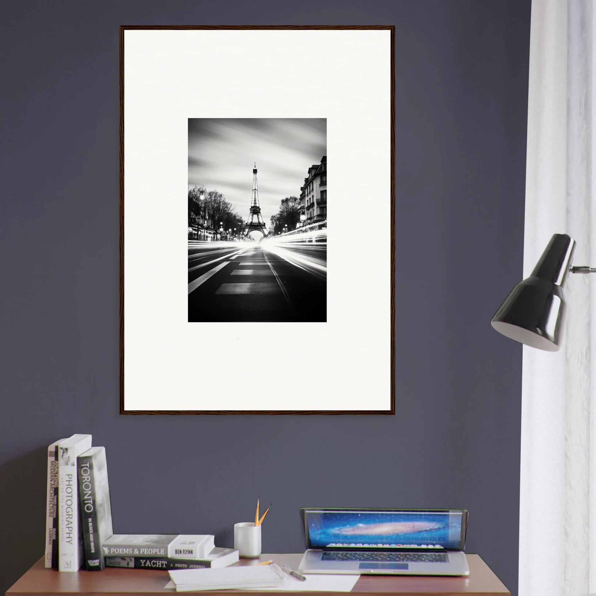 Black and white framed wall art of the Eiffel Tower in Synth Wave Elysium style