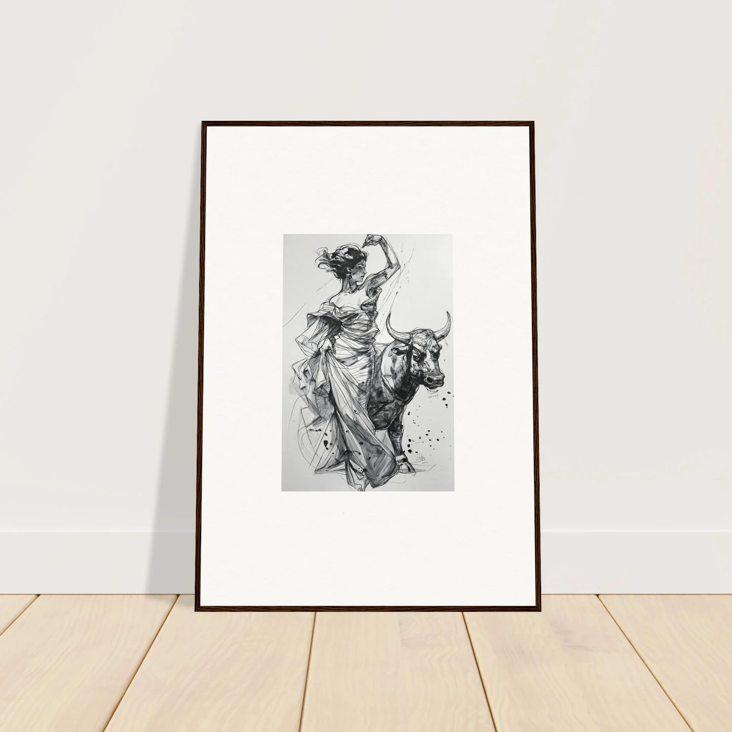 Framed black and white art of a figure with a bull from Tauripe Mystique Visions