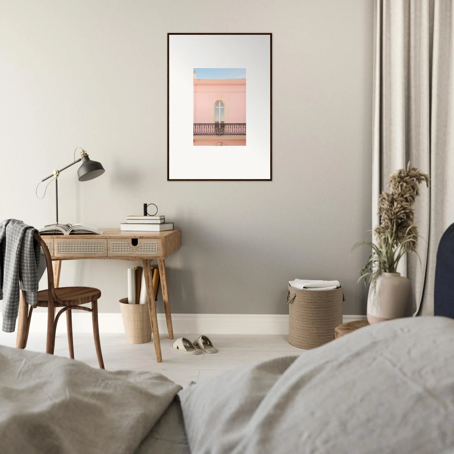 Framed wall art of a balcony on a pink wall in the Peach Tranquil Portal special edition