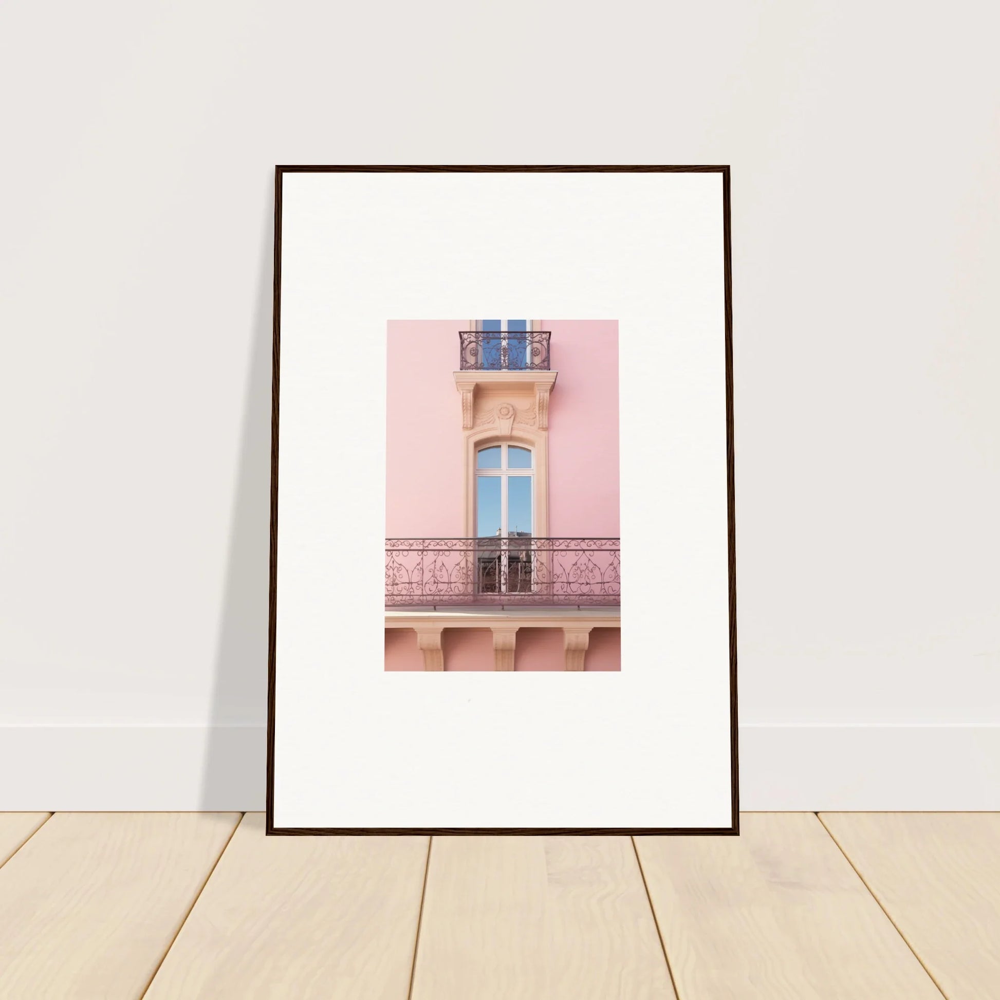 Framed wall art of Dusky Dream Balustrade showcasing a pink building’s ornate balcony