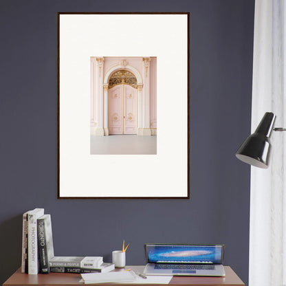 Framed wall art of Regal Must featuring elegant pink double doors and ornate details