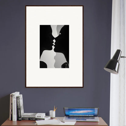 Black and white silhouette of kissing profiles in Nouveau Love Symphony framed wall art