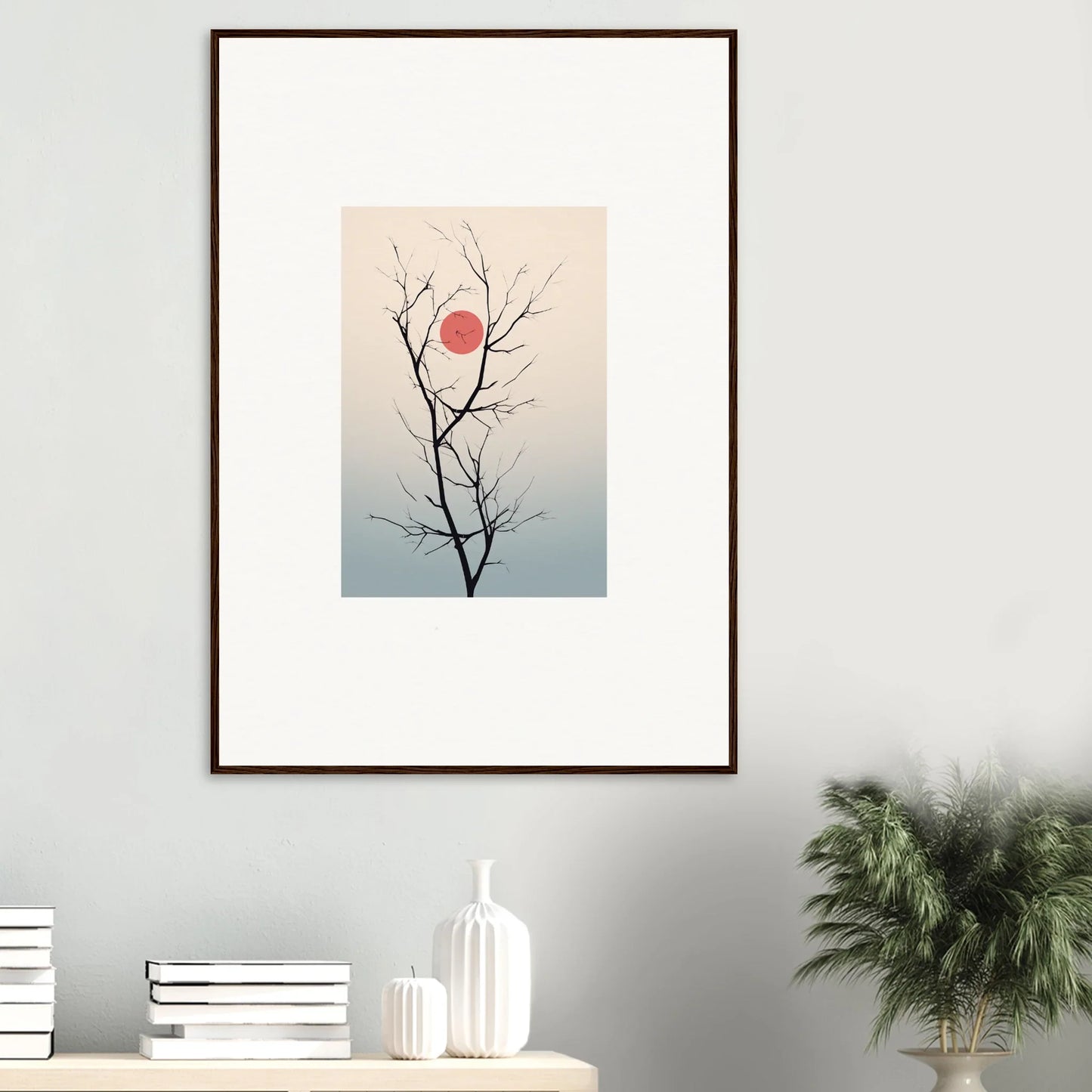 Framed minimalist wall art of a bare tree branch and sunset for serene eclipse decor