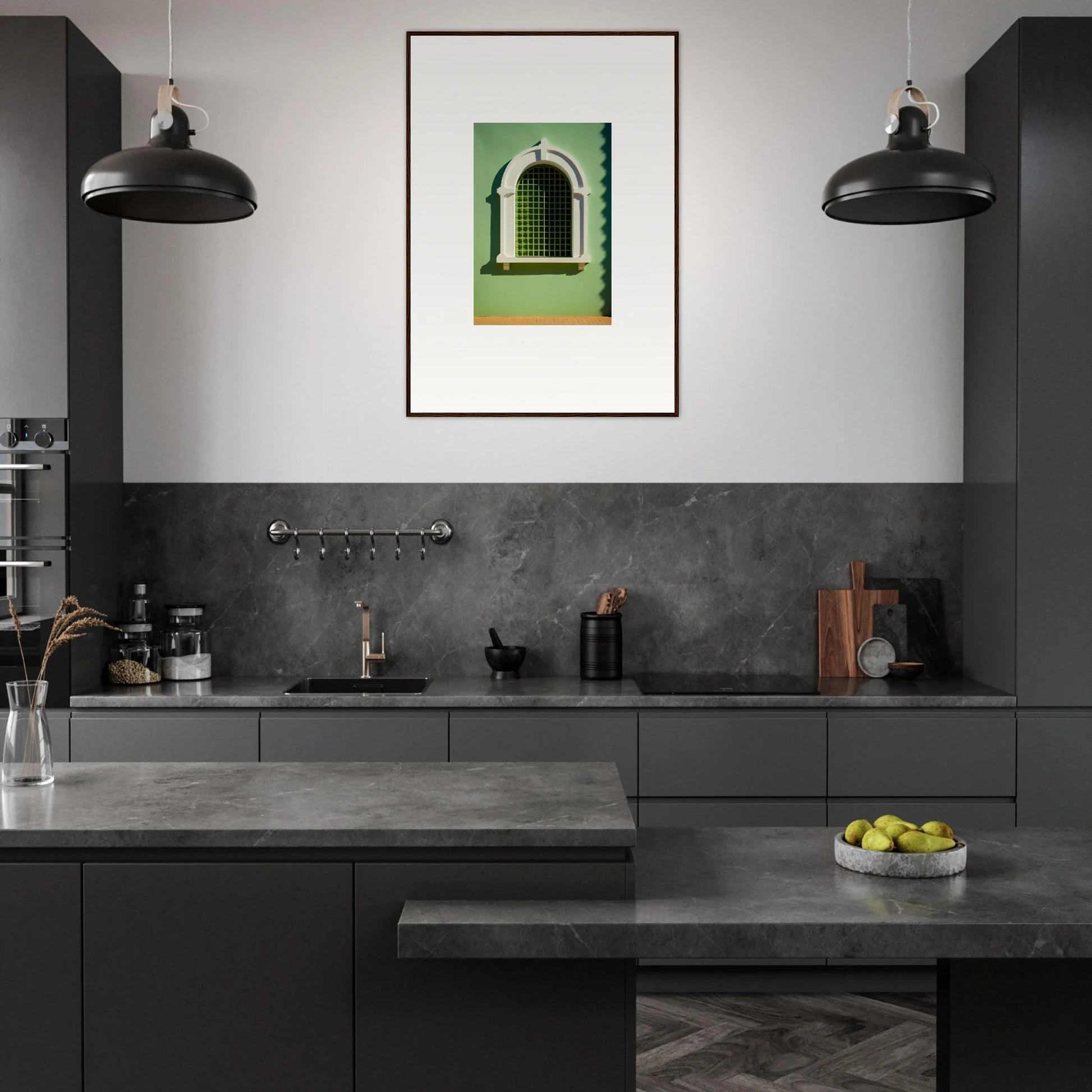 Modern dark gray kitchen featuring a Visible Equilibrium Window with black pendant lights