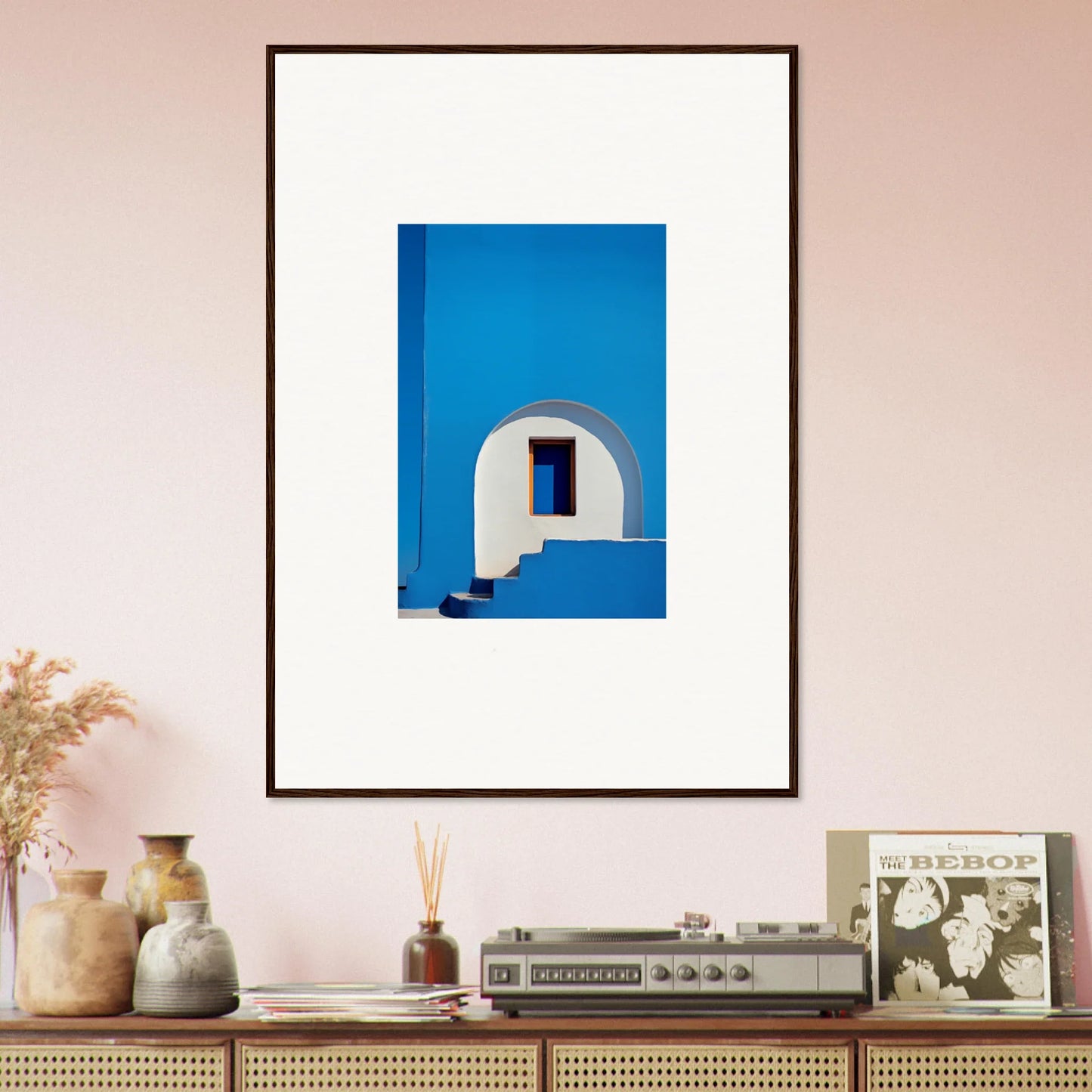 Framed wall art of a white Mediterranean archway on a blue wall for Doorway of Dreams