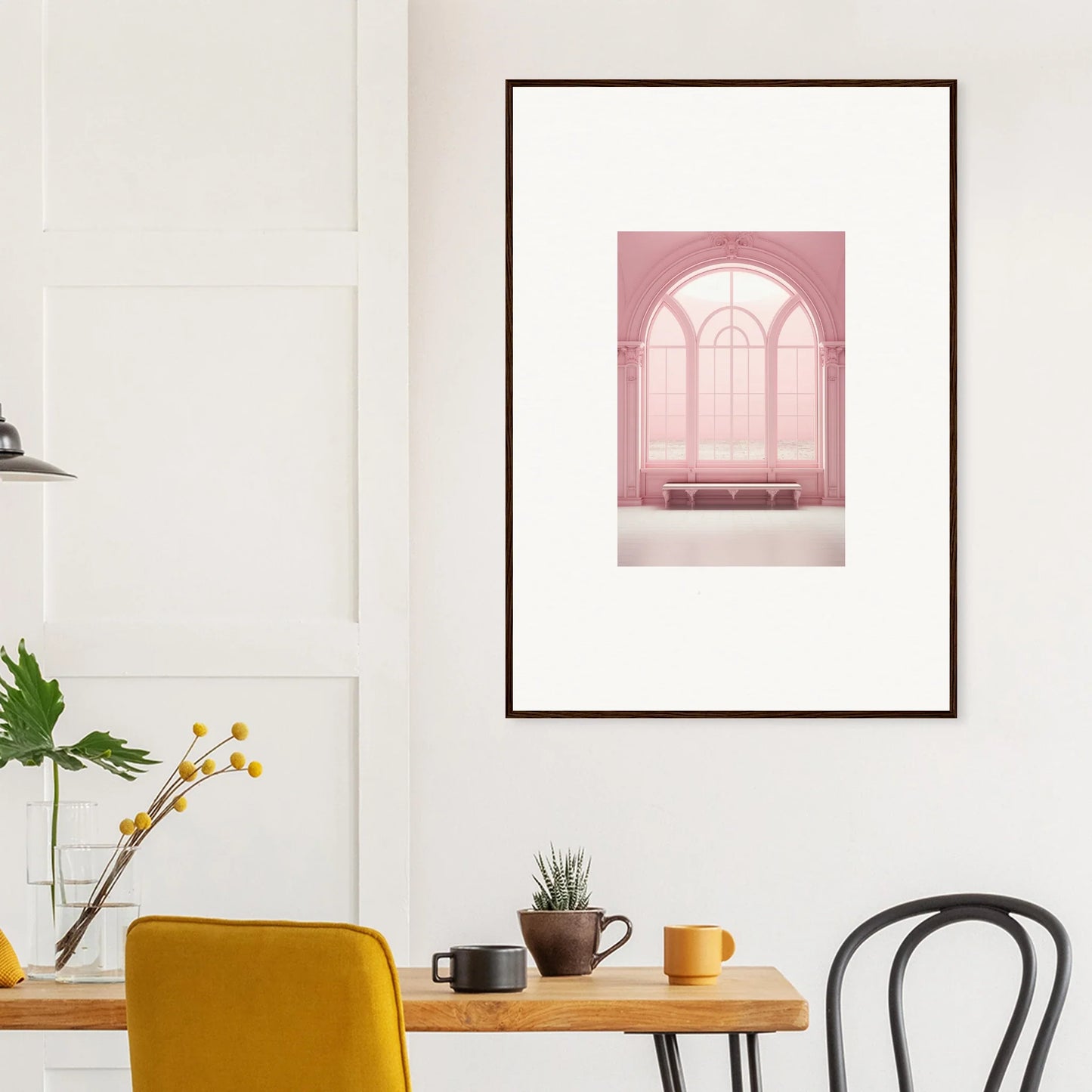 Framed wall art of Solitude’s Rosy Asana with a pink architectural arch and bench