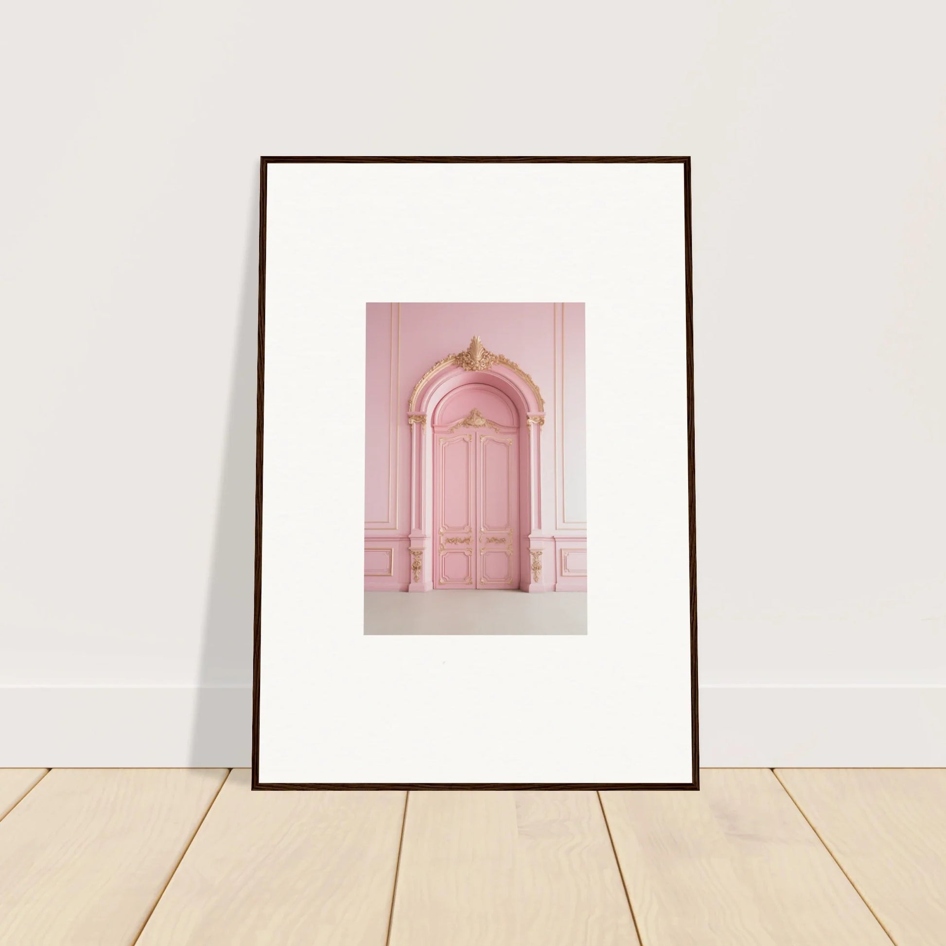 Framed wall art of an ornate pink door in the Paris Dreams Frame design