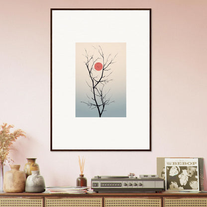 Framed minimalist wall art featuring bare tree branches under a serene eclipse sky