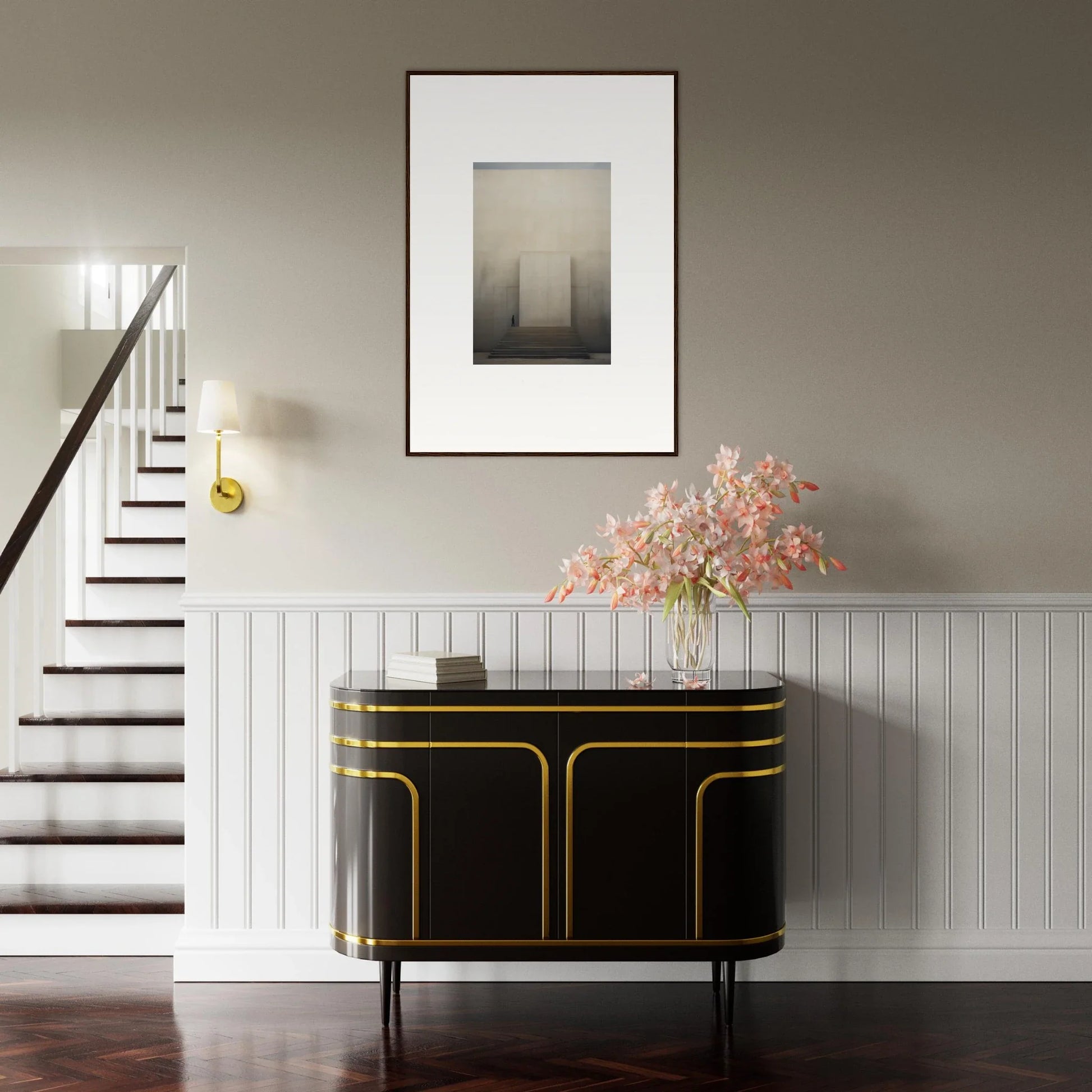 Art Deco black cabinet with gold trim, perfect for the Portal Eventide Abstract collection