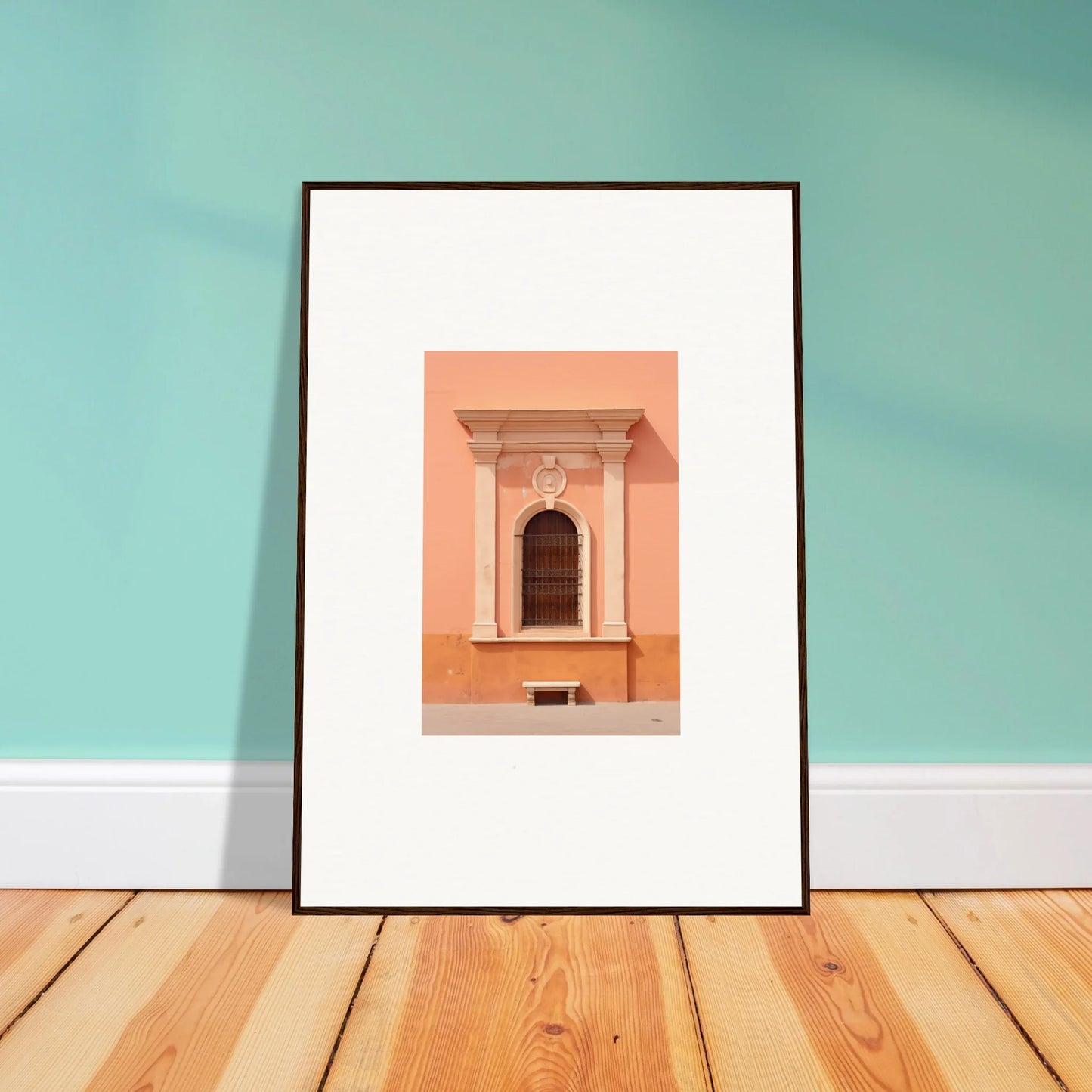 Framed wall art of Silent Sunset Oblique featuring peach-colored window with columns