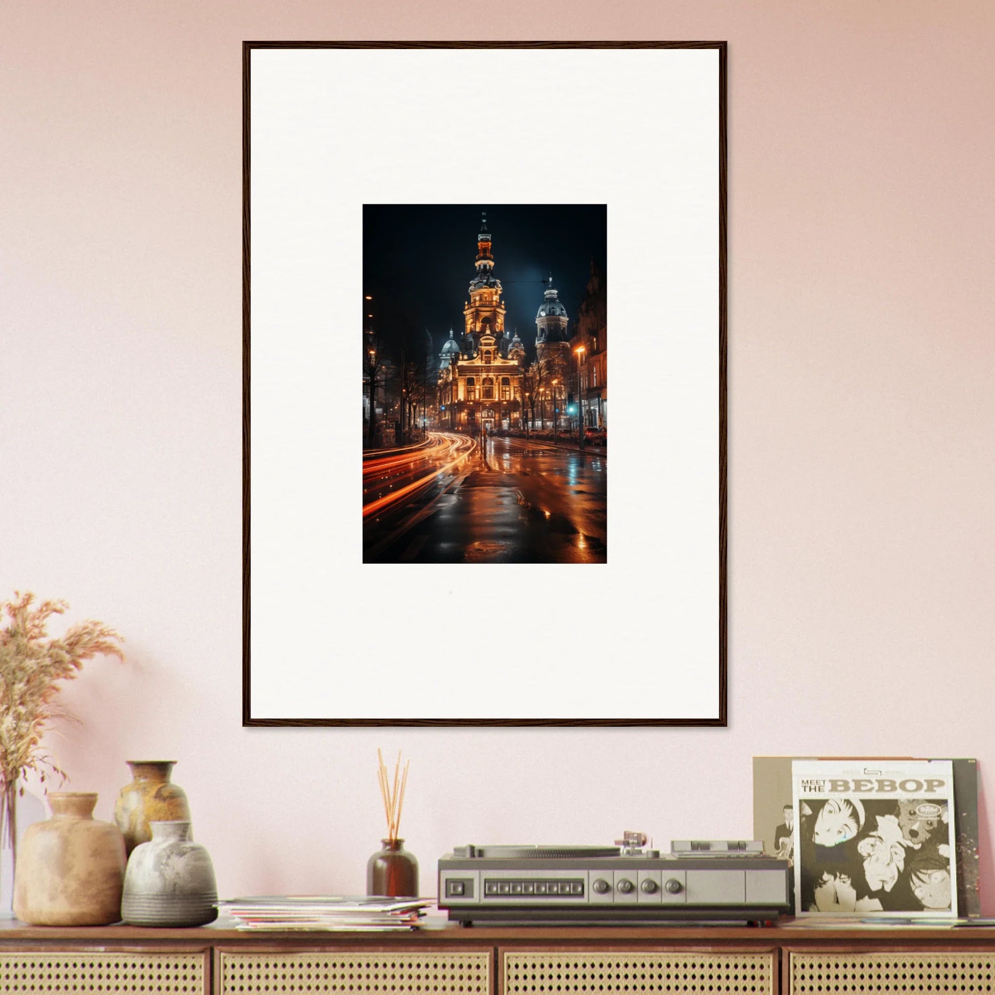 Framed art of illuminated cathedral at night with traffic trails, Midnight Highway Mirage