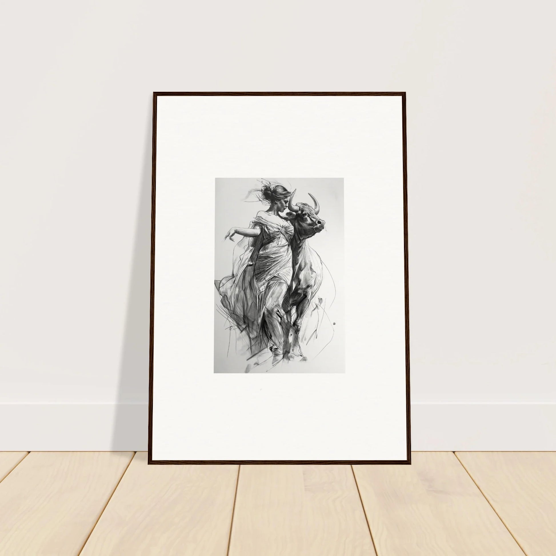 Framed black and white sketch of a dancer in motion from the Forest Flame Dance collection