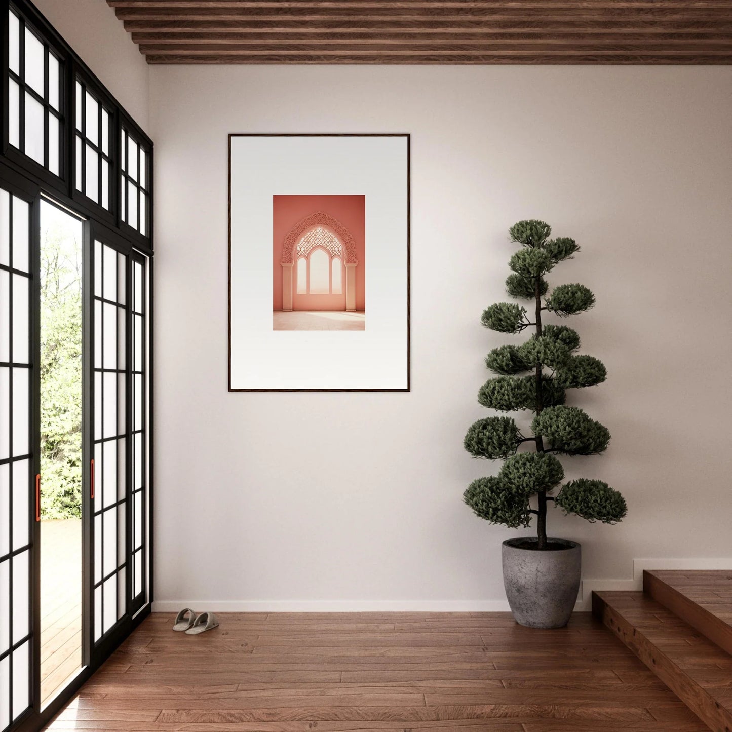 Framed wall art of arched window on coral backdrop from Versaille Sunset Reimagined