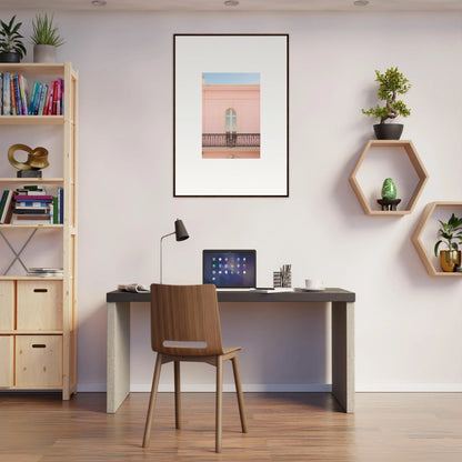 Modern home office featuring Peach Tranquil Portal framed wall art and sleek decor