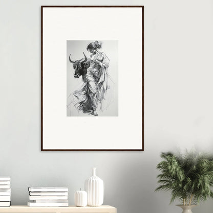 Framed black and white sketch of a classical figure beside a bull for special edition art™