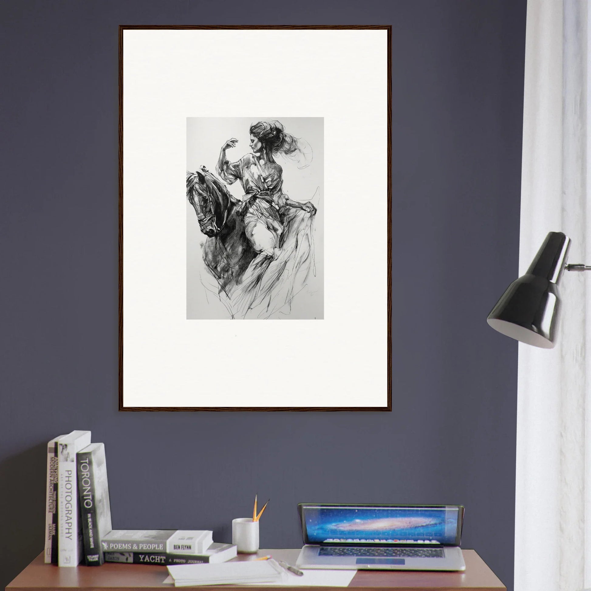 Framed black and white sketch capturing dynamic motion in Ephemeral Journey Grafikermania