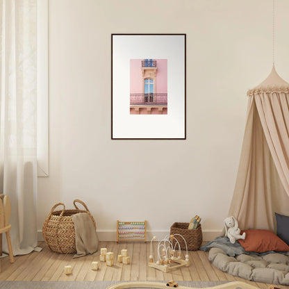 Framed wall art of a pink building facade with a blue window from Dusky Dream Balustrade