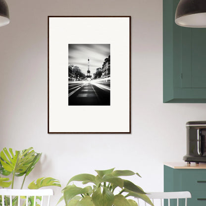 Framed black and white Eiffel Tower photo, perfect for Synth Wave Elysium art lovers