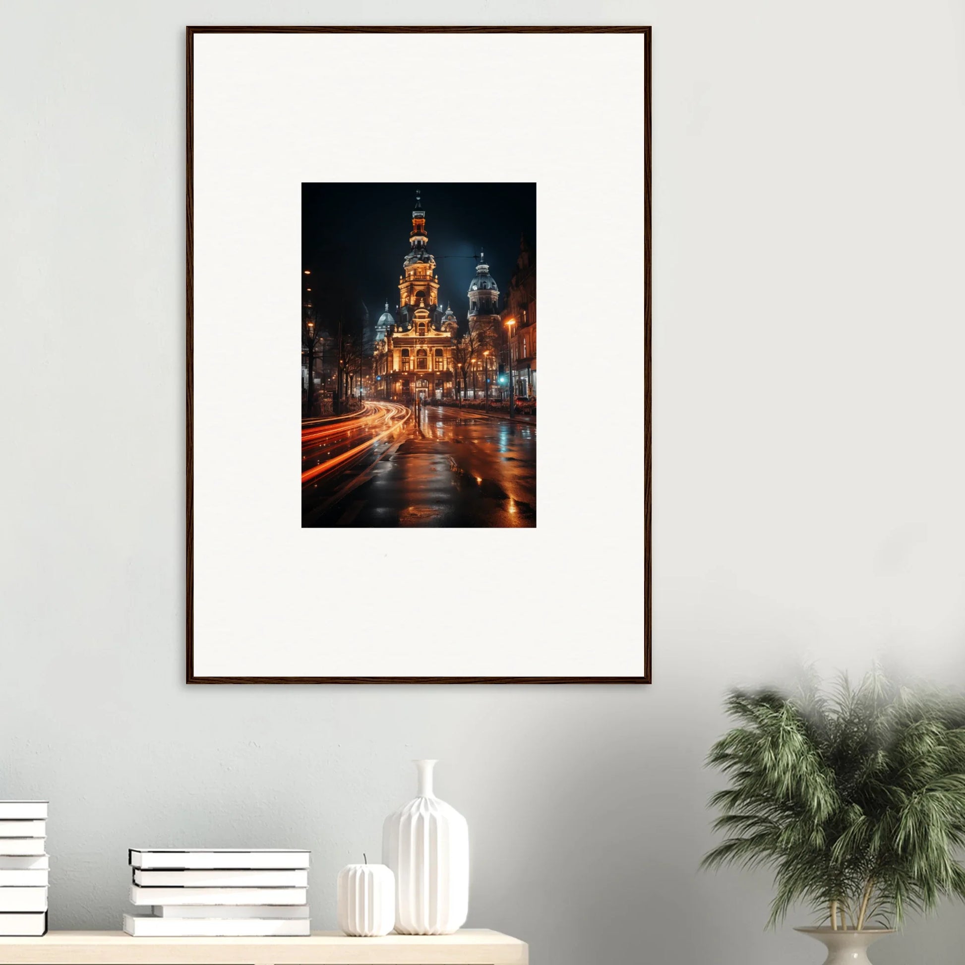 Framed photograph of illuminated cathedral at night, a perfect Midnight Highway Mirage